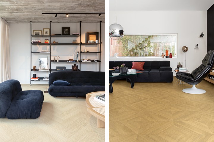 left Ciro, Pure Oak Polar vinyl floor from £49.99 per m2 right Impressive Patterns collection, Chevron Oak Natural laminate floor from £32.49 per m2, Quick-Step, quick-step.co.uk 