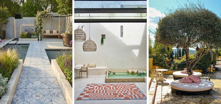 Three Mediterranean-inspired outdoor spaces featuring a tiled pool walkway, a minimalist white courtyard with a small plunge pool, and a sunlit garden terrace shaded by a mature olive tree.