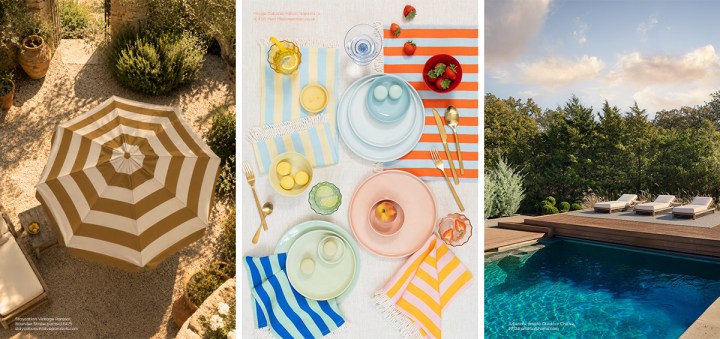 Three-panel summer outdoor scene featuring a striped garden parasol, a colorful table setting with striped linens and pastel dishes, and a swimming pool bordered by wooden decking and sun loungers.