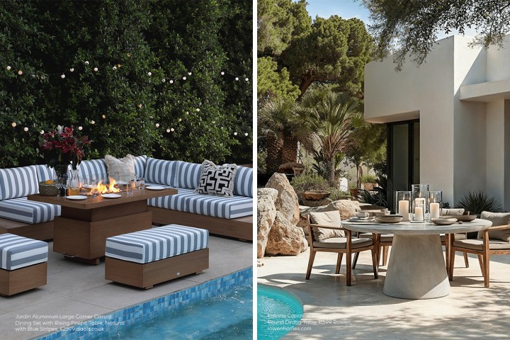 Two stylish poolside dining areas: one with blue-and-white striped cushioned seating around a fire table, and another with a round stone dining table beside a modern white house.