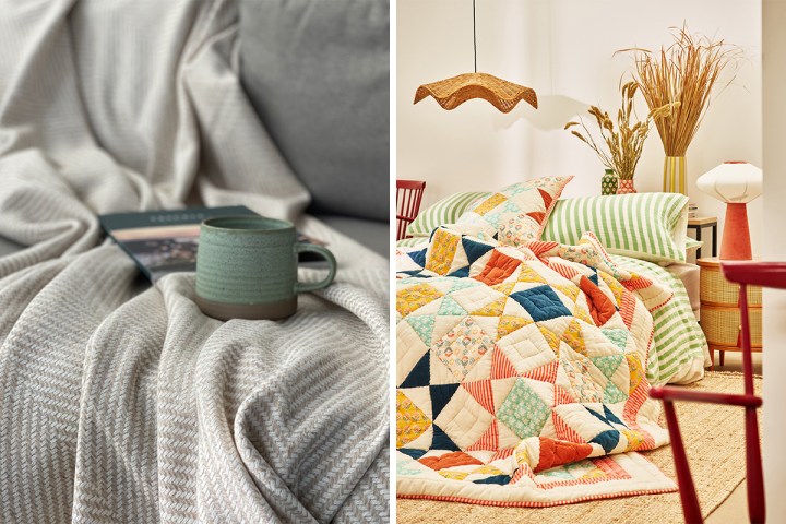 Split image showing a neutral textured blanket with a green mug on the left and a colourful patchwork quilt on a green-striped bed on the right.
